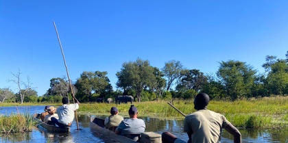 Safari tourists in a boat at watching a herd of Elephants, Chobe, Botswana